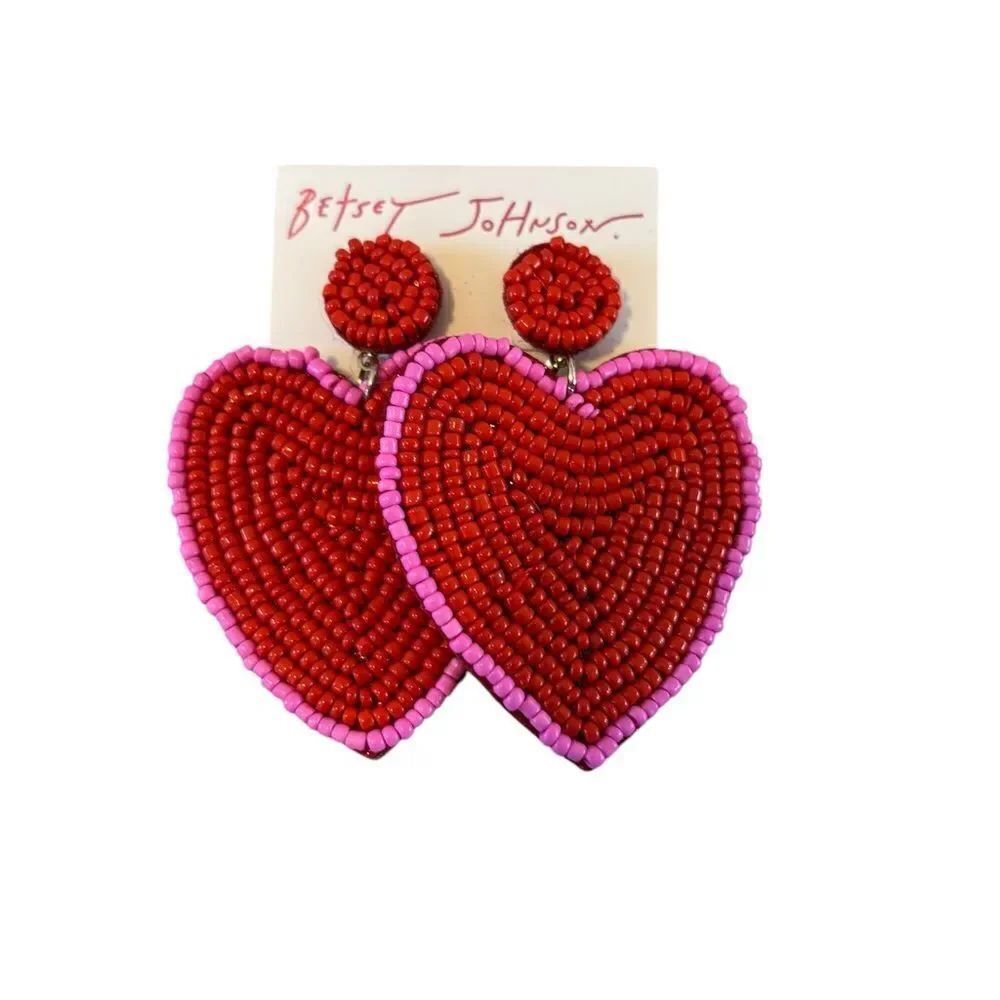 Betsey Johnson Red & Hot Pink Seed Bead Heart Earrings.